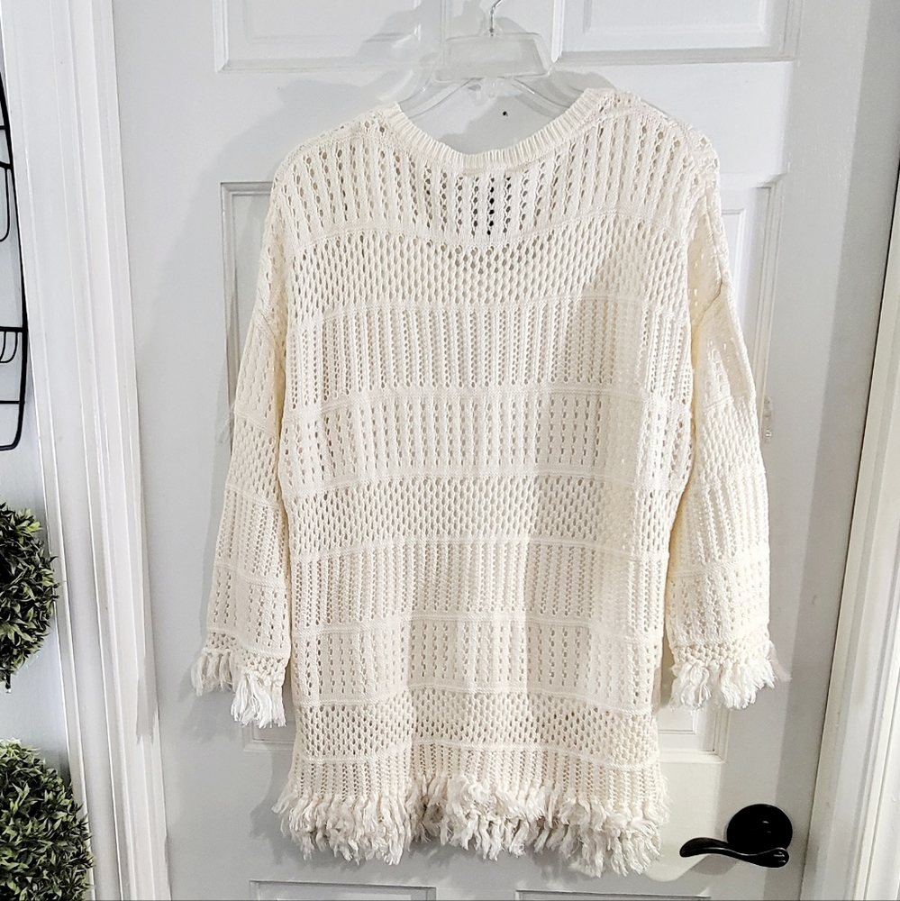 Chelsea & Theodore‎ Fringe Hem Crochet Knitted White Sweater Size L